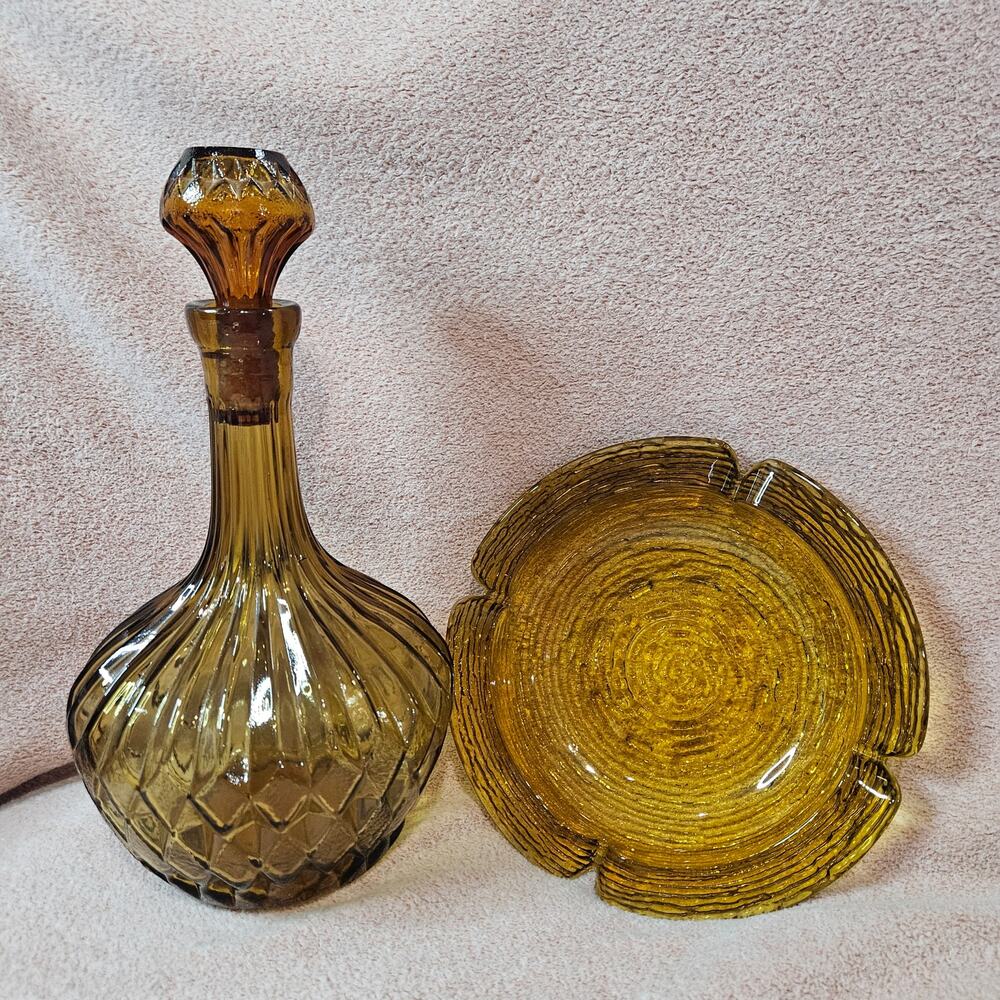 Vintage Empoli Italian Amber Glass Diamond Pattern Decanter & Ashtray Set